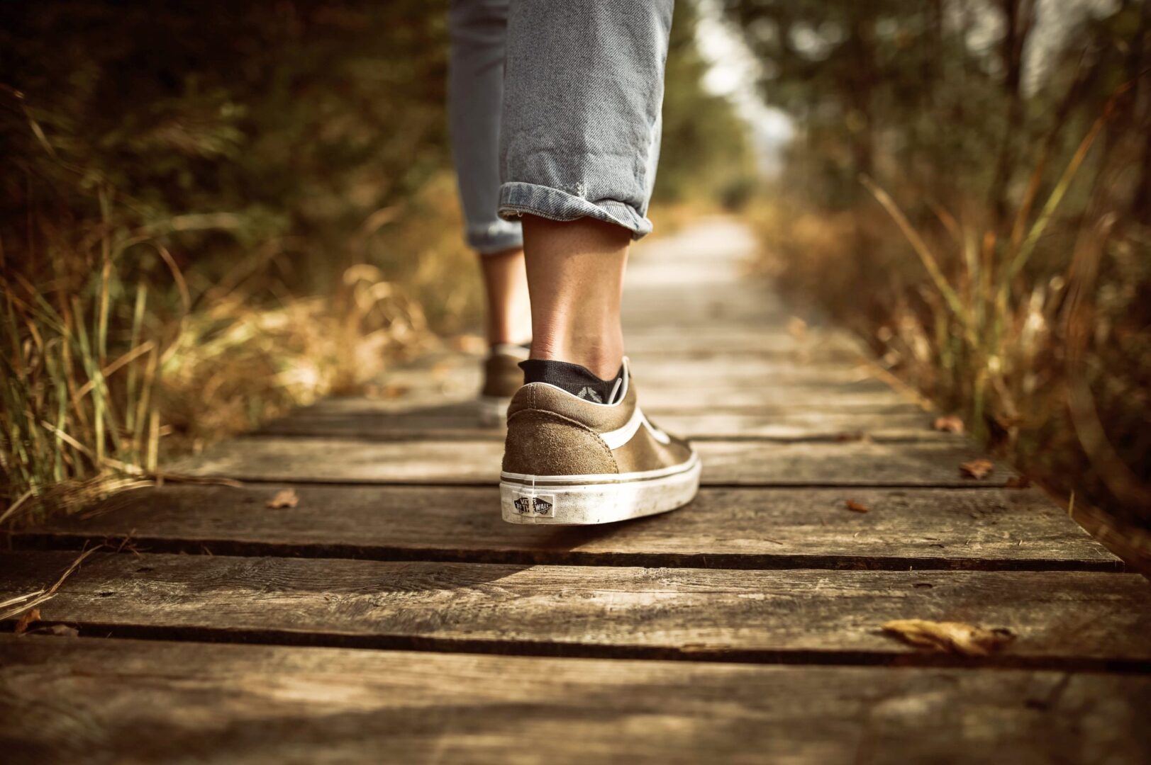 Person walking on a wooden path.