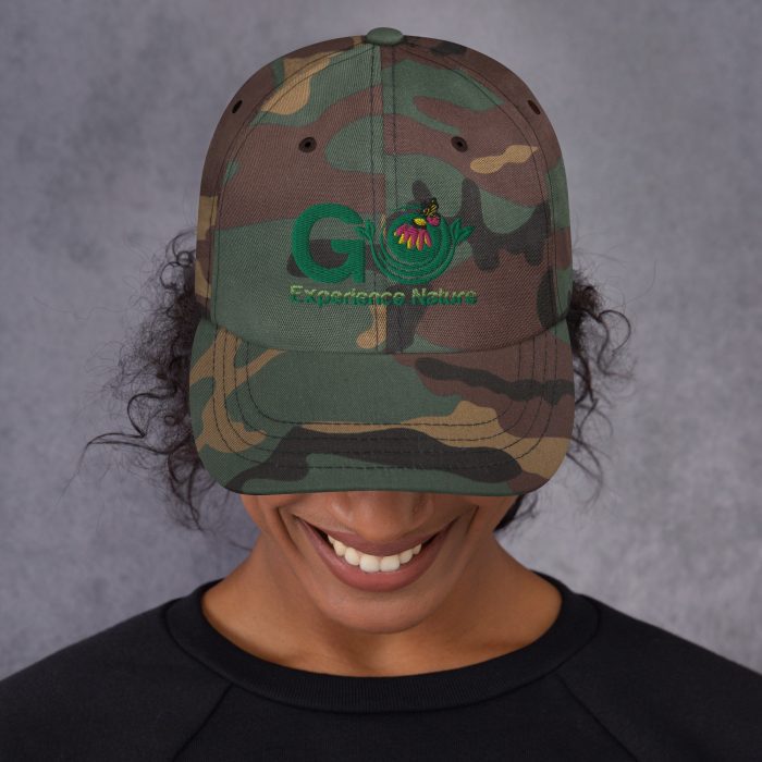 Camouflage baseball cap with "Go Experience Nature" logo.