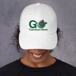 White baseball cap with "Go Experience Nature" logo.