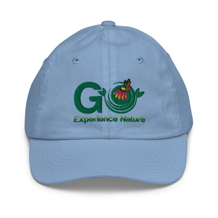 Blue baseball cap with "Go Experience Nature" logo.