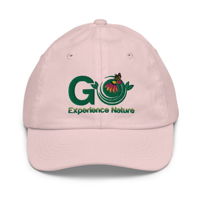 Pink baseball cap with Go Experience Nature logo.