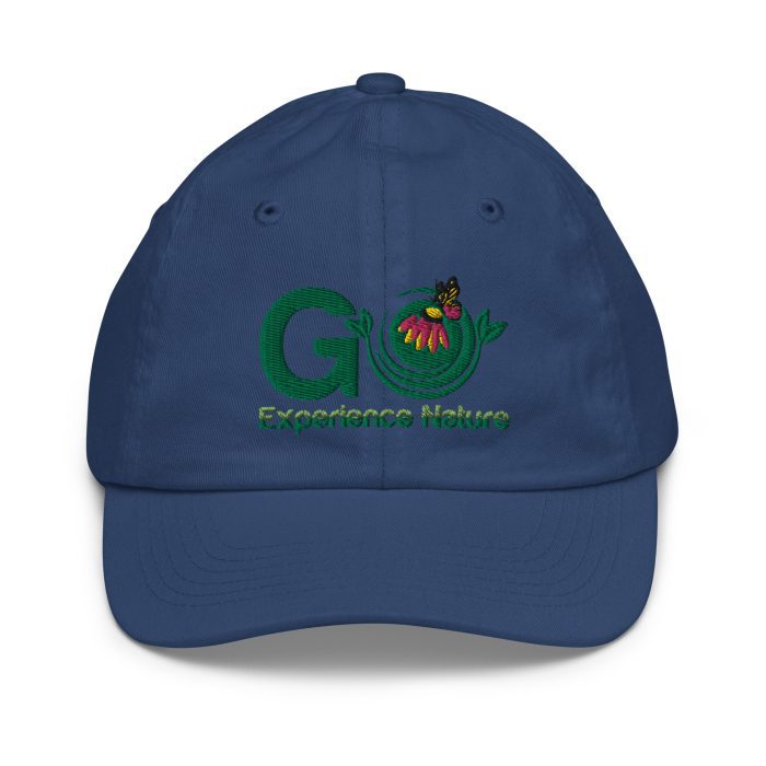 Blue baseball cap with nature logo.