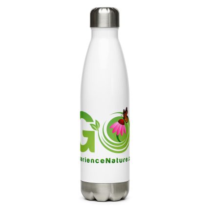 White stainless steel water bottle with nature logo.