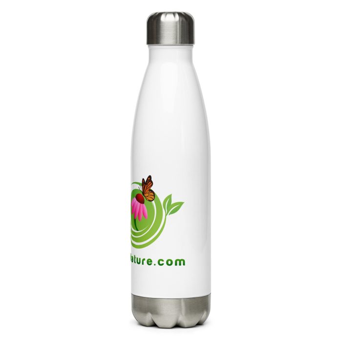 White stainless steel water bottle with nature logo.