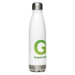 White water bottle with green G logo.