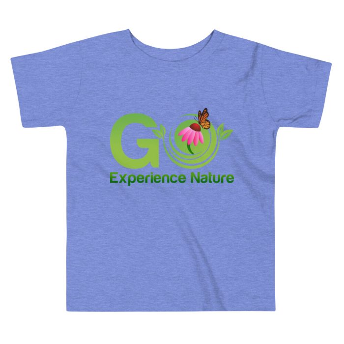 Kids' blue t-shirt with "Go Experience Nature" logo.