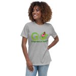 Woman wearing a grey t-shirt with a nature logo.