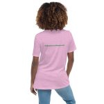 Woman wearing pink t-shirt with logo.