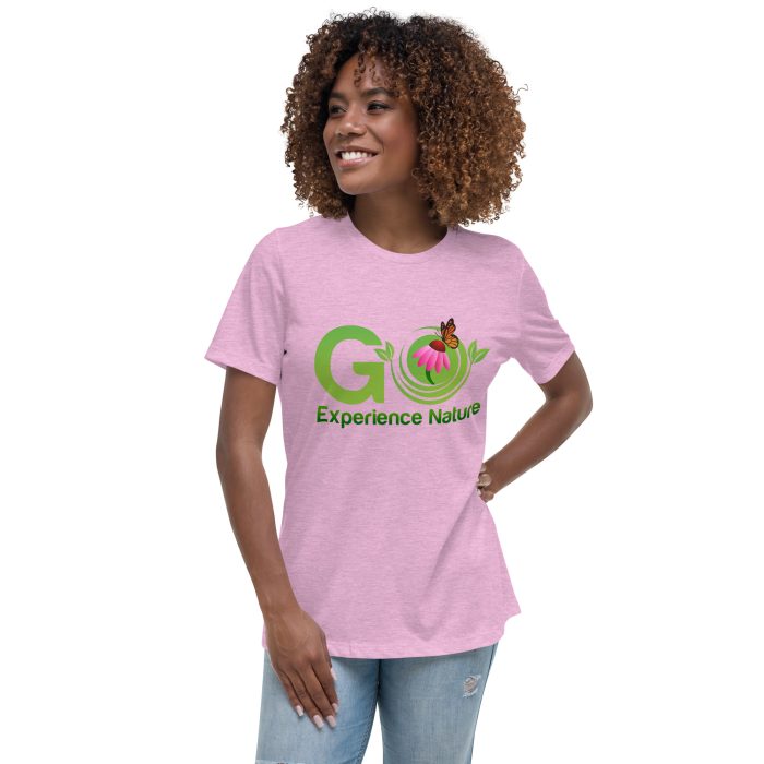 Woman wearing pink t-shirt with "Go Experience Nature" logo.