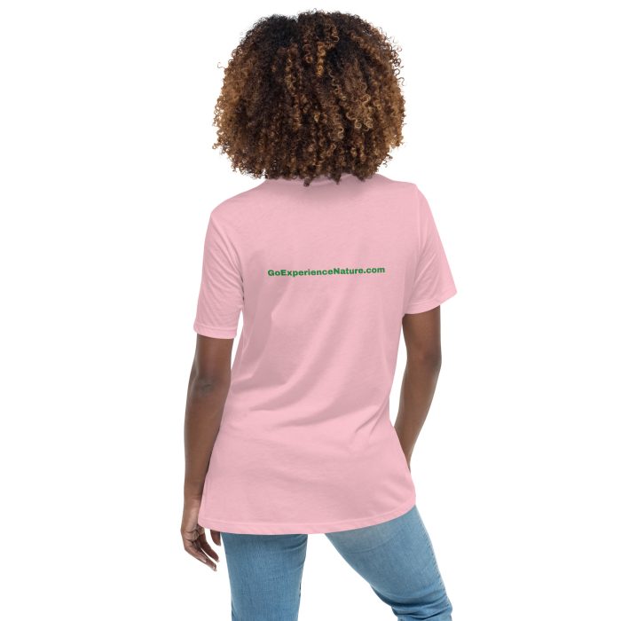 Woman wearing pink t-shirt with website.