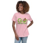 Woman wearing pink t-shirt with nature logo.