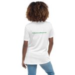 Woman wearing white t-shirt with logo.