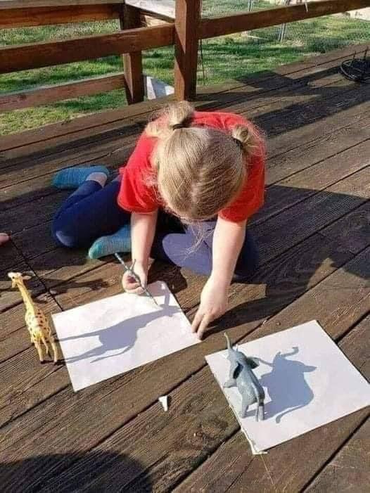 Girl tracing animal shadows with pencils.