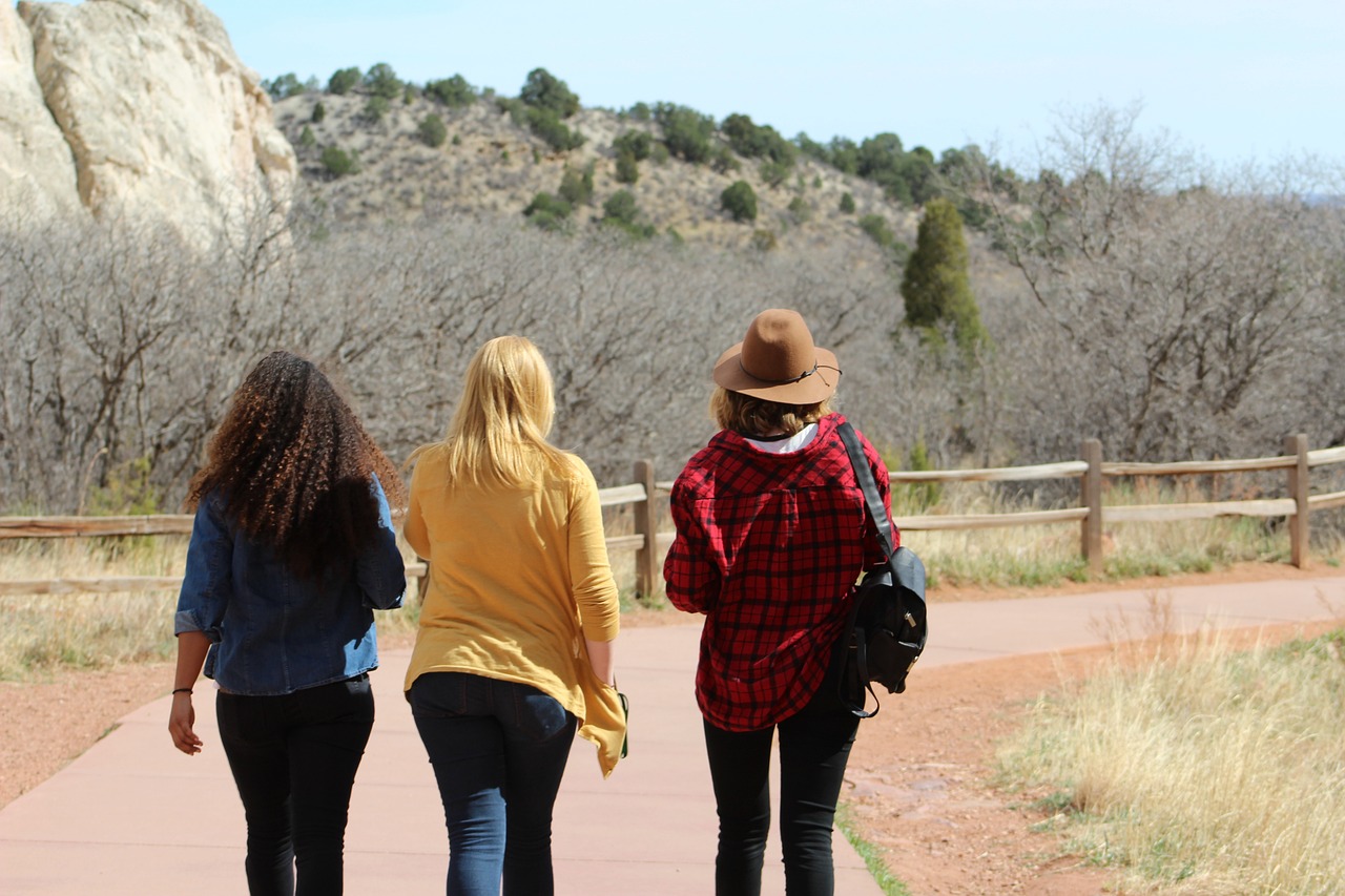 Three women walking on a path.