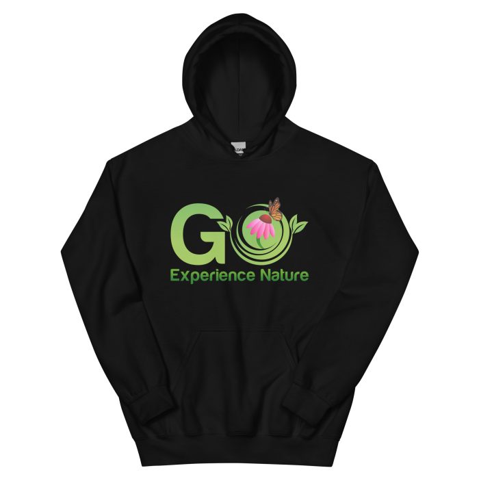 Black hoodie with "Go Experience Nature" logo.