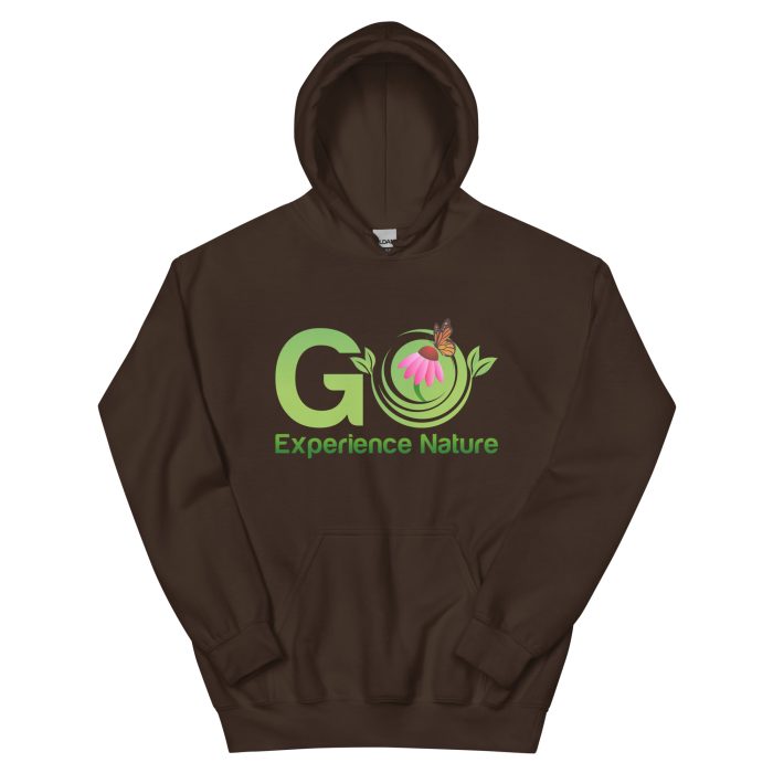 Brown hoodie with "Go Experience Nature" logo.