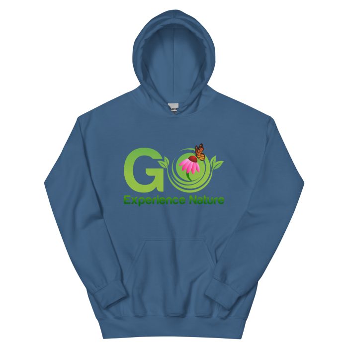 Blue hoodie with "Go Experience Nature" logo.