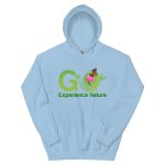 Light blue hoodie with "Go Experience Nature" design.