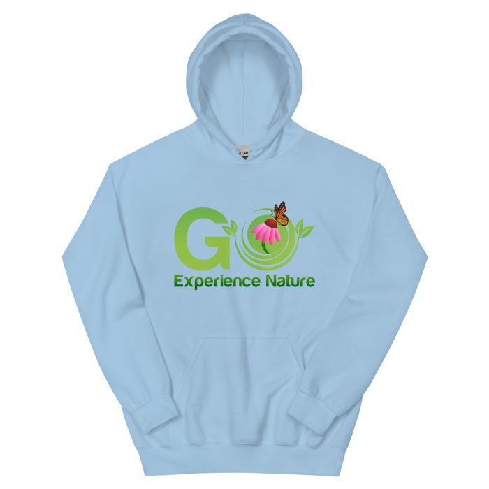 Light blue hoodie with "Go Experience Nature" design.