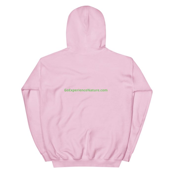 Pink hooded sweatshirt with website logo.