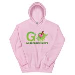 Pink hoodie with "Go Experience Nature" logo.