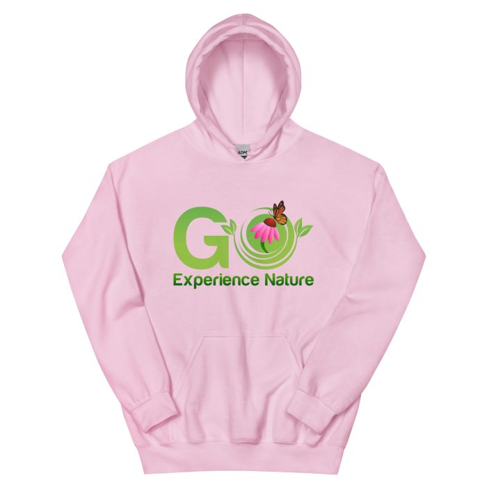 Pink hoodie with "Go Experience Nature" logo.