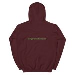 Burgundy hooded sweatshirt with logo.