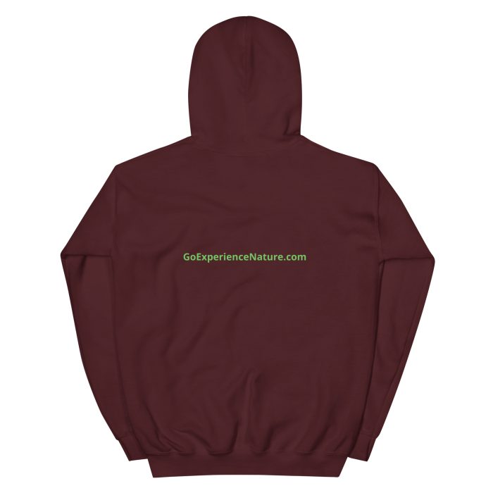 Burgundy hooded sweatshirt with logo.