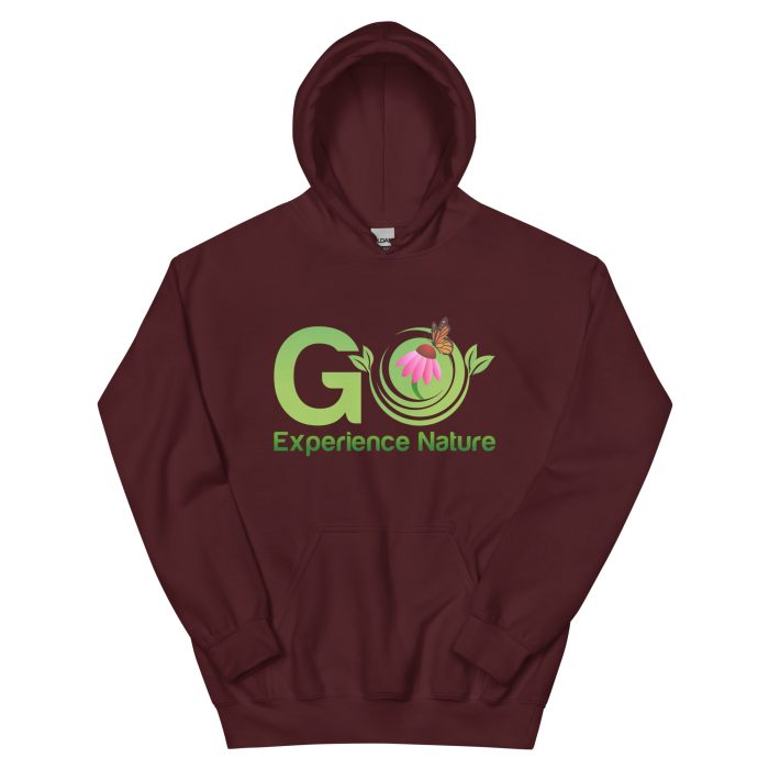 Burgundy hoodie with "Go Experience Nature" logo.