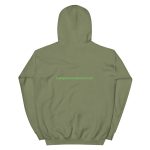 Green hooded sweatshirt with website address.