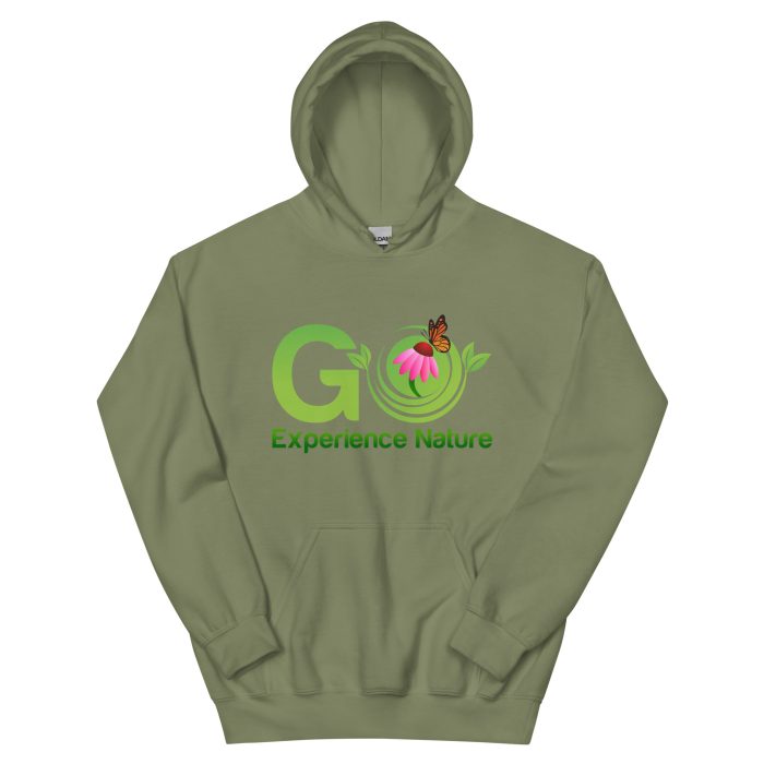 Green hoodie with "Go Experience Nature" logo.