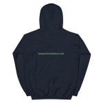 Navy blue hoodie with website logo.