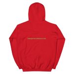 Red hooded sweatshirt with logo.