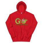 Red hoodie with "Go Experience Nature" logo.