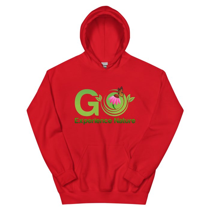 Red hoodie with "Go Experience Nature" logo.