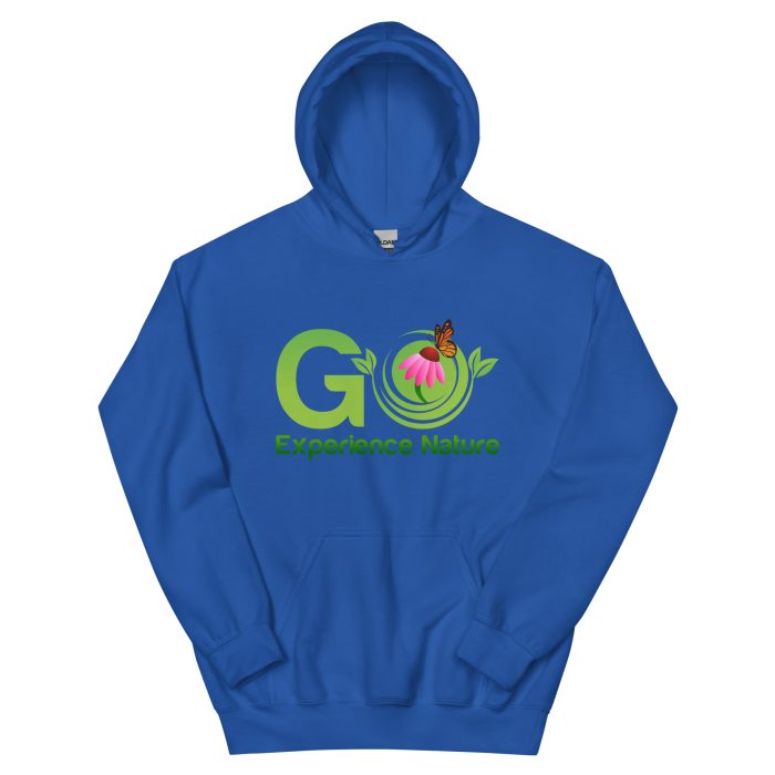 Blue hoodie with "Go Experience Nature" logo.