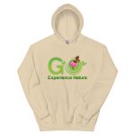 Beige hoodie with nature logo and text.