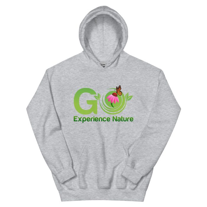 Gray hoodie with "Go Experience Nature" logo.