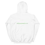 White hooded sweatshirt with website logo.