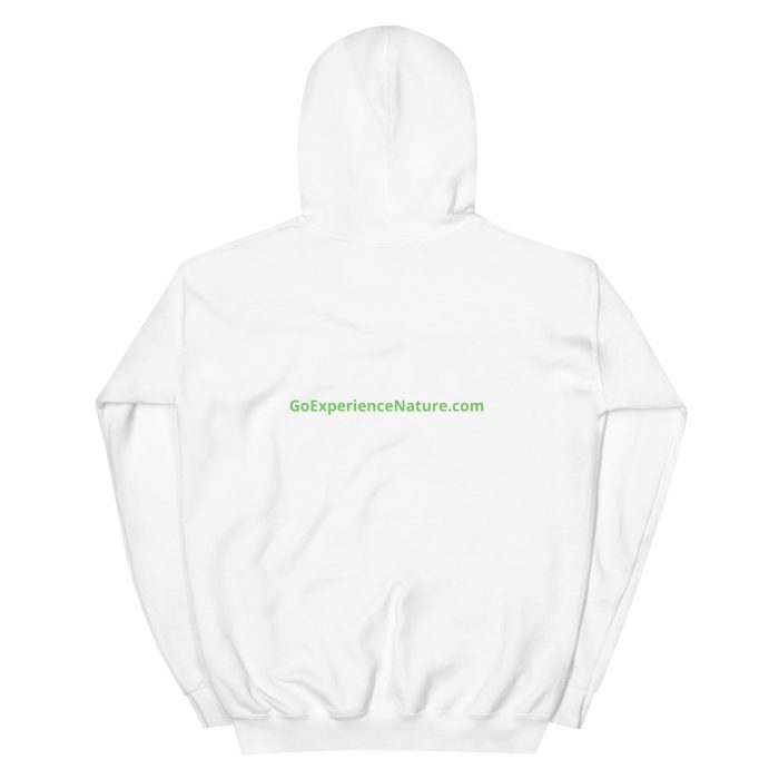 White hooded sweatshirt with website logo.