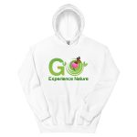 White hoodie with "Go Experience Nature" logo.